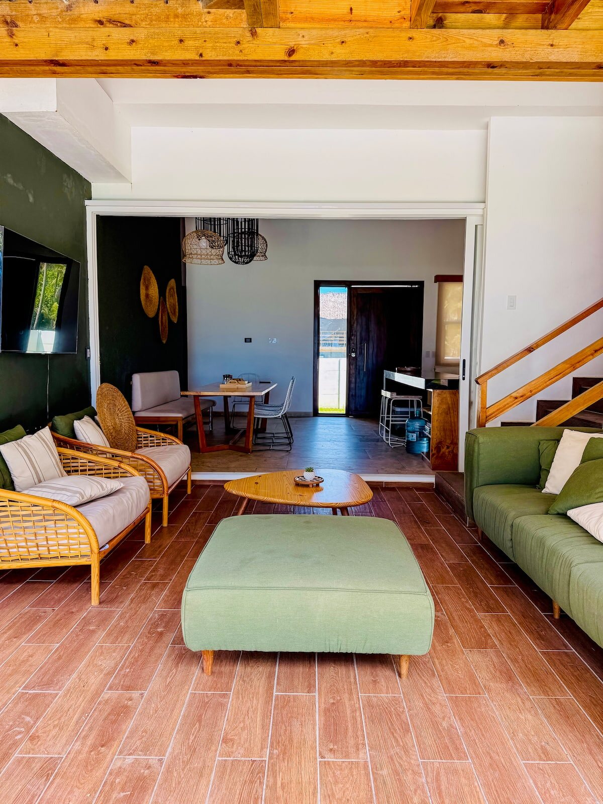 Open-concept living room with handcrafted furniture